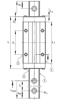 INA 球单轨引导系统 KUVE45-B-HL, 高长系列滑块，四排，满装球；可提供耐腐蚀设计