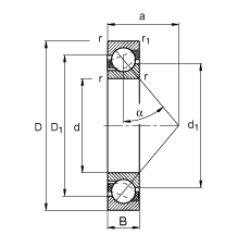 FAG 角接触球轴承 7309-B-JP, 根据 DIN 628-1 标准的主要尺寸，接触角 α = 40°